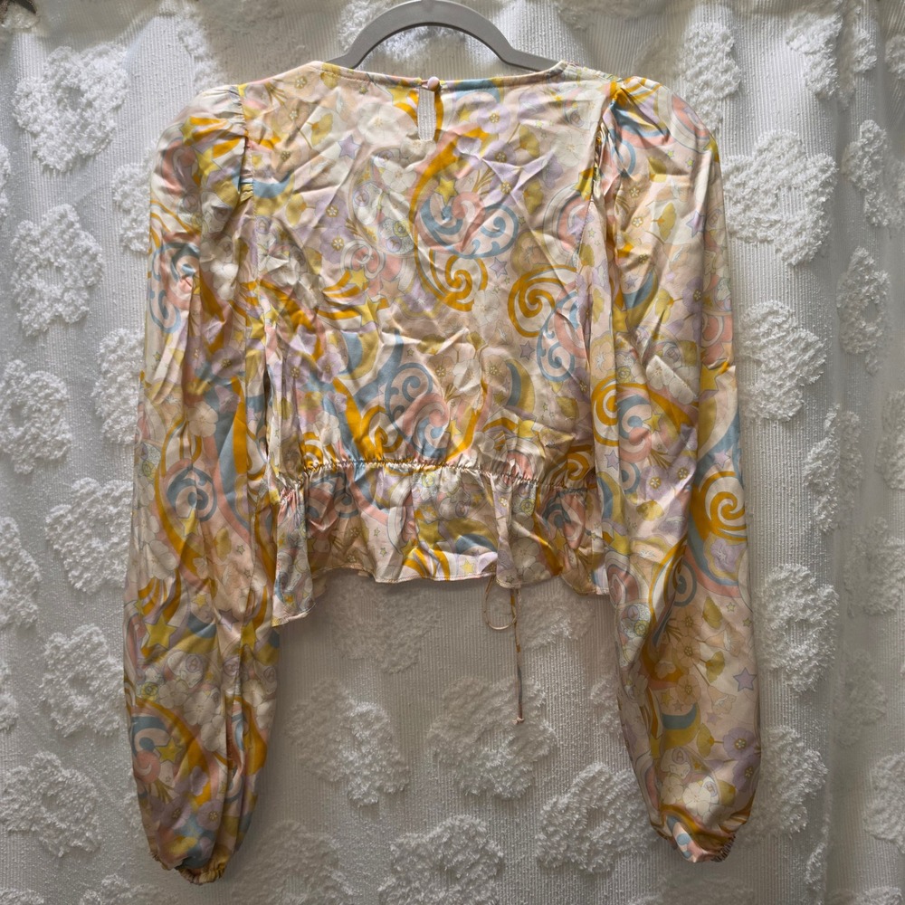 For Love & Lemons Pastel Psychedelic Floral Tie Front Crop Top Blouse‎ Small - Picture 7 of 9